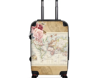 Vintage World Map Roses Suitcase | Carry-On Floral Travel Luggage Bag