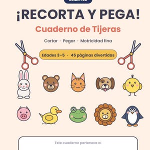 May include: A light-colored activity book cover titled DABRYLU ¡RECORTA Y PEGA! Cuaderno de Tijeras. It features illustrations of scissors, a rabbit, bear, cat, dog, chick, pig, duck, frog, lion, and penguin, with text indicating 45 pages.