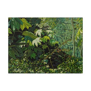 Lush Forest Botanical Painting on Canvas - Haitian Art, Tropical Greenery Wall Art, Entrance of Grotte Marie Jeanne, Haiti on Canvas 12"x9"