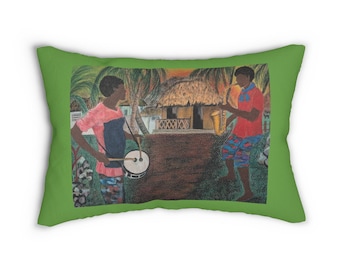 Haitian Art and Black Musician Print Lumbar Pillow