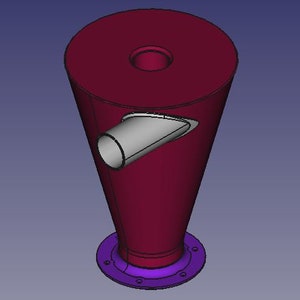 May include: A 3D rendering of a maroon conical object with a cylindrical gray spout and a circular opening on top. The base is a purple disc with bolt holes. The object is set against a blue background.