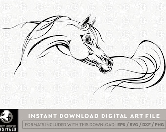 May include: A black and white line art illustration of a horse's head and neck with flowing mane and tail. The horse is facing to the left and has a stylized look.