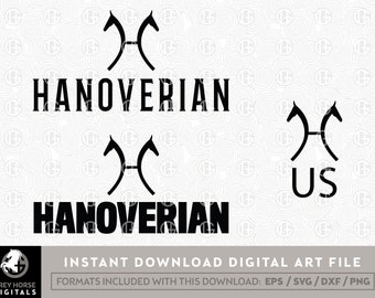 May include: Black and white digital art file of two horse head silhouettes with the text "HANOVERIAN" and "US" below. The file is available for instant download in EPS, SVG, DXF, and PNG formats.