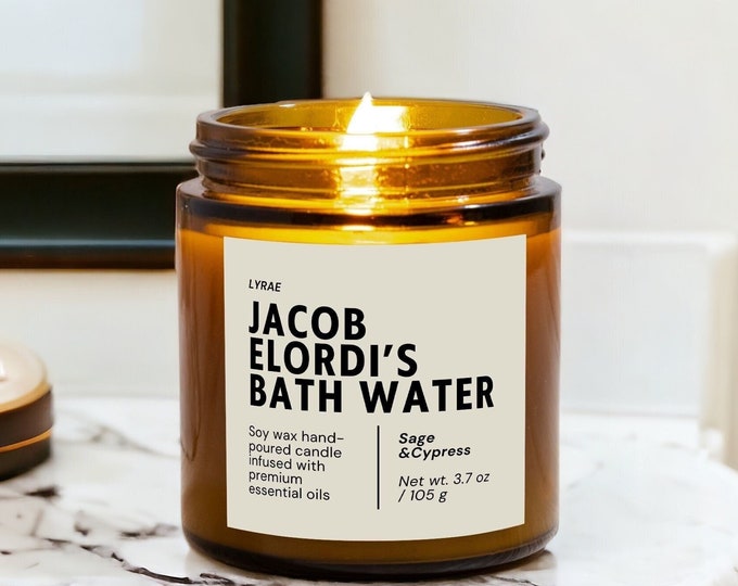 Bougie au sel de bain, eau de bain de Jacob Elordi, qui sent le nom de célébrité, cadeau blague au cinéma, aromathérapie, huiles essentielles, cire de soja, bougie naturelle