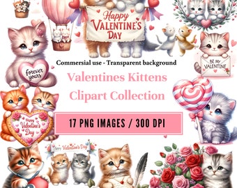 Watercolor Valentine Kittens Clipart, 17 PNG Bundle (Digital Download)