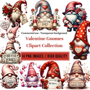 Collezione di clipart di gnomi di San Valentino ad acquerello, 14 gnomi festivi di alta qualità, gnomi di San Valentino, pacchetto Gnome PNG, uso commerciale