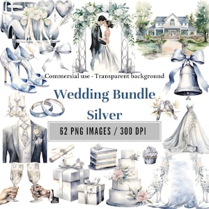 May include: A watercolor wedding bundle with a silver theme. The bundle includes 62 PNG images at 300 DPI. The images include a wedding couple, a wedding dress, a wedding cake, a wedding car, wedding rings, wedding shoes, a wedding bell, a wedding arch, a wedding bouquet, a wedding invitation, a wedding cupcake, and a wedding venue.