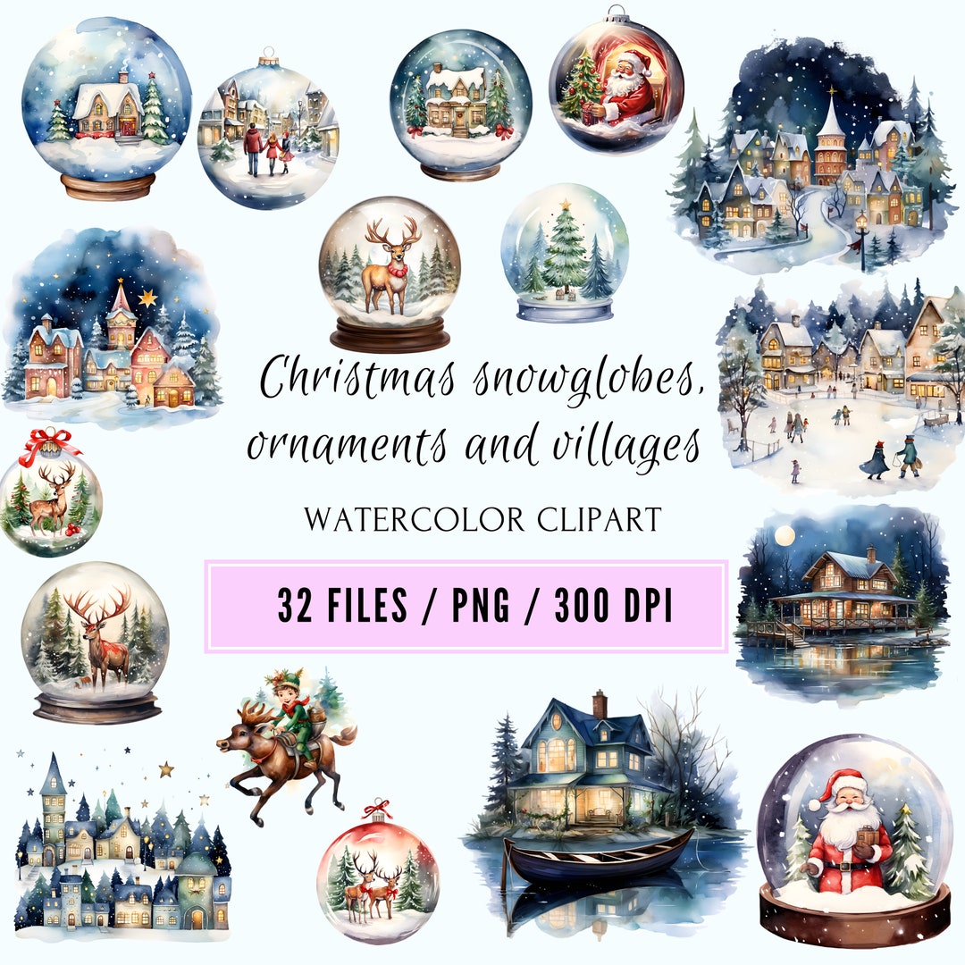 Watercolor Christmas Clipart Bundle. Snowglobes, Ornaments, Villages