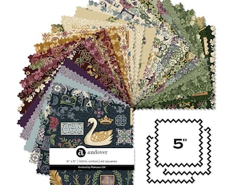 May include: A stack of 42 square fabric pieces, each measuring 5 inches by 5 inches, featuring diverse patterns including a swan, crowns, shields, and floral motifs in shades of green, blue, cream, and burgundy, with a label reading Andover.
