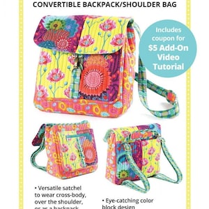 May include: A Switchback convertible backpack and shoulder bag featuring a quilted fabric with a vibrant floral and geometric pattern in shades of yellow, pink, orange, and blue. The bag includes adjustable straps, a top flap, and a zipper.