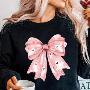 Pink Ghost Bow Coquette Sweatshirt, Halloween Coquette Bow Shirt, Ghost Halloween, Halloween Shirt, Spooky Season Tee, Girly Halloween Shirt