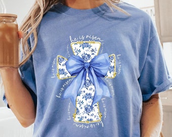 He Is Risen Easter Shirt, Cross Easter Shirt, Jesus Shirt, Blue Chinoiserie Easter Shirt, Coquette Bow Blue