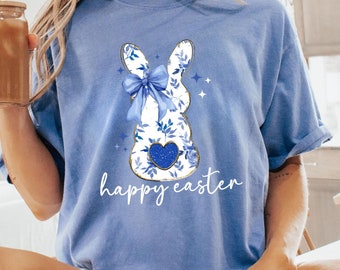 Happy Easter Shirt, Blue Floral Chinoiserie Bunny Shirt, Grand Millennial Easter Tee, Blue Toile Easter Rabbit Tee, Easter Bow, Happy Easter
