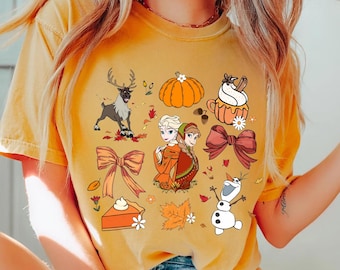 Comfort Colors® Frozen Coquette Fall Shirt, Disney Princess Elsa And Anna Pumpkin Bow Tee, Princess Thanksgiving T-shirt, Disneyland Autumn