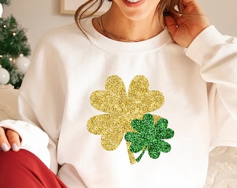 Womens St. Patricks day sweatshirt - Women's Saint Paddy's day outfit - Cute Saint Paddy's day wear - Fake Glitter Clover - Shamrock Top