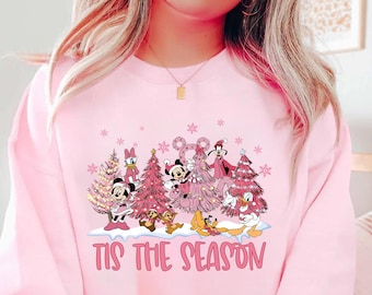 Vintage Tis the Season Disney Christmas Shirt, Mickey Friends Pink Christmas Tree Sweater, Family Gift, Xmas Disney Gift for Her