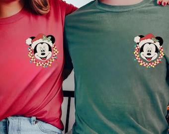 Disney Pocket Christmas Shirt, Mickey Minnie Christmas Shirt, Disney Checkered Shirt, Christmas Lights Shirt, Christmas Couple Shirt