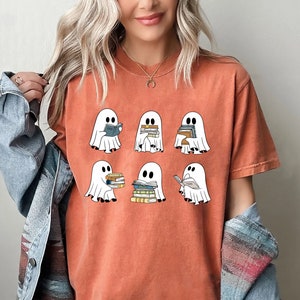 Comfort Colors® Ghost Reading Books Shirt, Bookish Halloween Shirt, Halloween Teacher Gift, Librarian Halloween Shirt, Ghost Shirt
