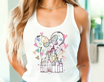 Tanque con espalda cruzada del Castillo de Disney, camisa con orejas de acuarela, camiseta Magic Kingdom, camisetas sin mangas en modo vacay, espalda cruzada para mujeres de Disney, tanques a juego