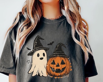 Spooky Ghost Halloween Comfort Colors Shirt, Preppy Floral Pumpkin Tee, Spooky Season T-Shirt, Ghost Aesthetic Tee Floral Patchwork Shirt