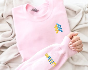 May include: A pink sweatshirt with a blue and yellow logo on the front and the word "william" written in yellow on the sleeve.