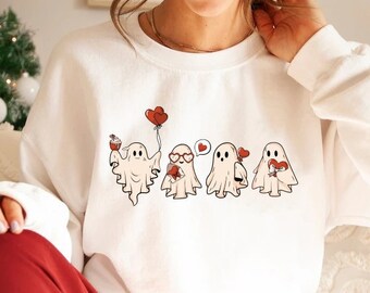 Valentine Ghost Sweatshirt-T-Shirt, Valentines Day Hoodie, Cute Ghost Sweater, Spooky Valentine Crewneck, Valentines Gift, Cute Ghost Hoodie