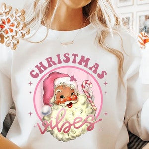 Retro Pink Santa Christmas Sweatshirt Gift for Woman Christmas PJs Matching Family Pajamas Retro Christmas Shirt Vintage Holiday Sweater