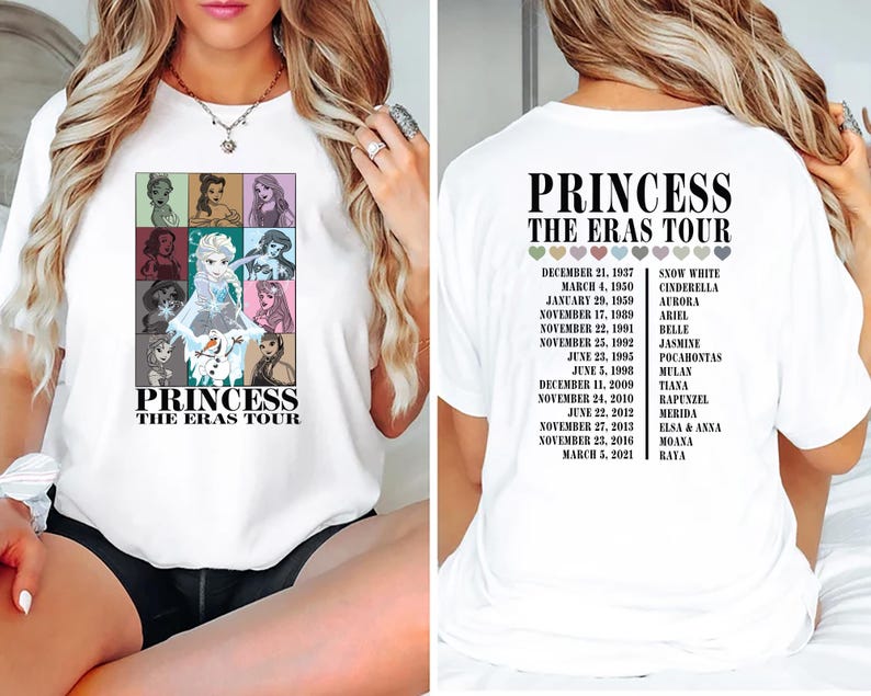 May include: White t-shirt with a graphic of Disney princesses on the front and a list of princesses and their movie release dates on the back. The text on the shirt reads "Princess The Eras Tour".
