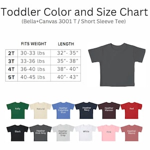 Puede incluir: Tabla de tallas para camisetas de manga corta Bella+Canvas 3001 para ni&ntilde;os peque&ntilde;os. La tabla muestra las tallas 2T a 5T con las medidas de peso y longitud correspondientes en pulgadas. La tabla tambi&eacute;n muestra una variedad de opciones de color para las camisetas.