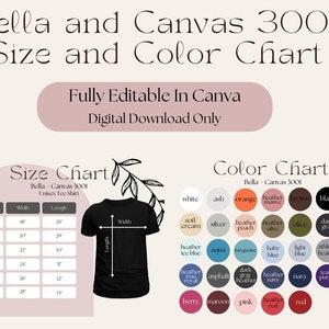 May include: Size and color chart for Bella + Canvas 3001 unisex t-shirts. The chart shows sizes from small to 3XL with corresponding width and length measurements in inches. The color chart displays a variety of colors, including white, ash, orange, heather mauve, brown, black, natural, soft cream, silver, heather peach, heather olive, olive, dark gray, heather kelly, heather ice blue, aqua, turquoise, baby blue, light blue, athletic heather, true royal, heather true royal, asphalt, dark heather gray, heather navy, navy, team purple, charity pink, berry, maroon, pink, heather red, and red.