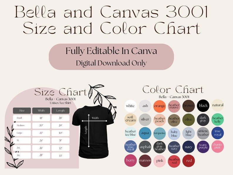 May include: Size and color chart for Bella + Canvas 3001 unisex t-shirts. The chart shows sizes from small to 3XL with corresponding width and length measurements in inches. The color chart displays a variety of colors, including white, ash, orange, heather mauve, brown, black, natural, soft cream, silver, heather peach, heather olive, olive, dark gray, heather kelly, heather ice blue, aqua, turquoise, baby blue, light blue, athletic heather, true royal, heather true royal, asphalt, dark heather gray, heather navy, navy, team purple, charity pink, berry, maroon, pink, heather red, and red.