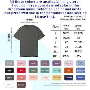 May include: A chart showing the size and measurements of a t-shirt in inches. The chart includes sizes S, M, L, XL, 2XL, and 3XL. The chart also includes a color chart with 20 different colors.