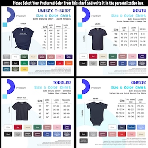 以下が含まれることがあります： ユニセックスTシャツ、ユースTシャツ、幼児用Tシャツ、ロンパースのサイズと色のオプションを表示するチャート。各衣類タイプについてインチ単位の測定値と、さまざまな色の見本が含まれています。