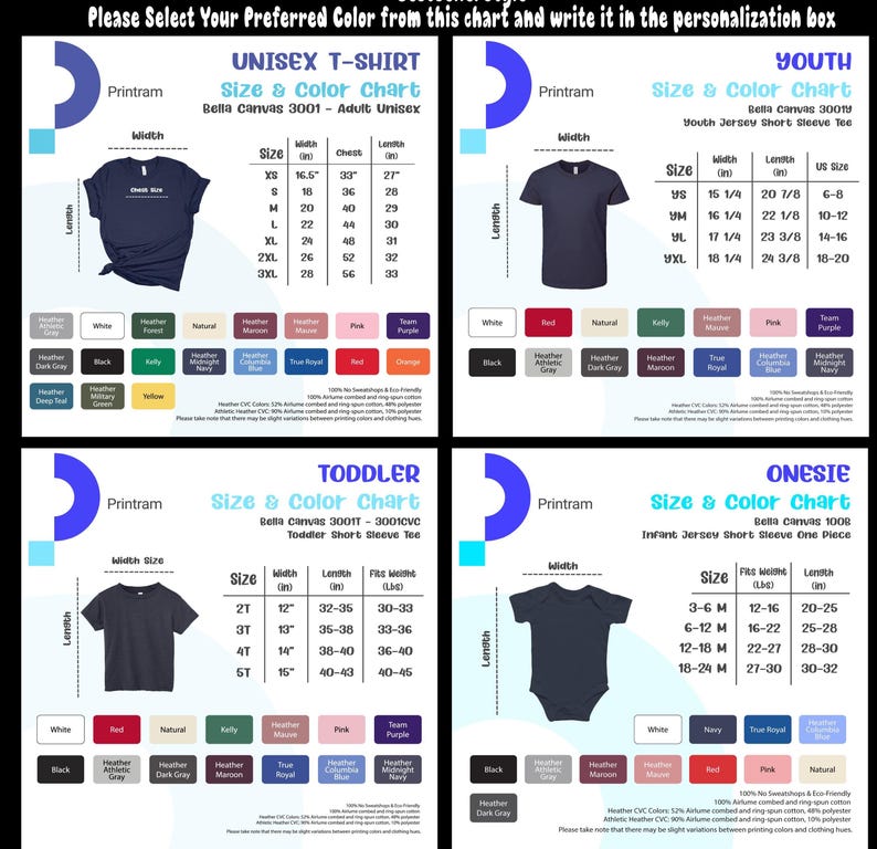 以下が含まれることがあります： ユニセックスTシャツ、ユースTシャツ、幼児用Tシャツ、ロンパースのサイズと色のオプションを表示するチャート。各衣類タイプについてインチ単位の測定値と、さまざまな色の見本が含まれています。