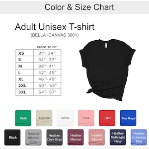 Puede incluir: Tabla de tallas para una camiseta unisex, que muestra las medidas del pecho en pulgadas para las tallas XS a 3XL. La tabla tambi&eacute;n muestra 10 opciones de color diferentes para la camiseta, incluyendo Kelly, Natural, Blanco, Rosa, Rojo, True Royal, Negro, Heather Athletic Grey, Heather Dark Grey, Heather Maroon, Heather Mauve, Heather Midnight Navy y Heather Columbia Blue.