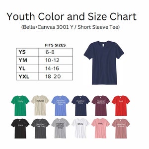 Puede incluir: Tabla de tallas para camisetas de manga corta Bella+Canvas 3001 Y para j&oacute;venes. La tabla muestra las tallas YS, YM, YL y YXL con los rangos de edad correspondientes. La tabla tambi&eacute;n muestra una variedad de colores, incluyendo Kelly, Natural, Heather Columbia Blue, Heather Navy, Heather Maroon, Rojo, Negro, Heather Dark Gray, Heather Athletic Gray, Blanco, Rosa y Heather Mauve.