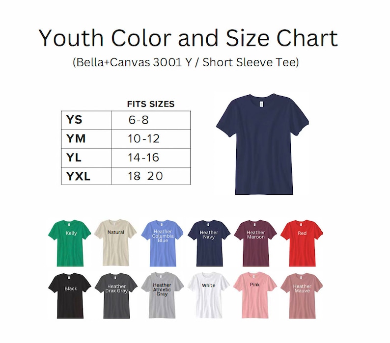 Puede incluir: Tabla de tallas para camisetas de manga corta Bella+Canvas 3001 Y para j&oacute;venes. La tabla muestra las tallas YS, YM, YL y YXL con los rangos de edad correspondientes. La tabla tambi&eacute;n muestra una variedad de colores, incluyendo Kelly, Natural, Heather Columbia Blue, Heather Navy, Heather Maroon, Rojo, Negro, Heather Dark Gray, Heather Athletic Gray, Blanco, Rosa y Heather Mauve.