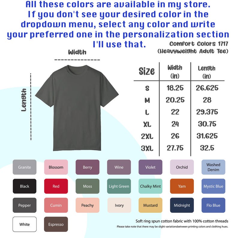 以下が含まれることがあります： サイズと色のオプションがある、グレーのComfort Colors 1717ヘビーウェイト大人用Tシャツ。シャツの幅は46.35〜70.49cm、長さは67.63〜82.55cmです。利用可能な色には、グラナイト、ブラック、レッドなどがあります。