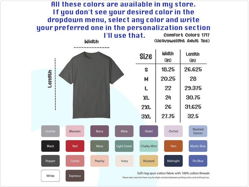 Puede incluir: Un gr&aacute;fico que muestra el tama&ntilde;o y las medidas de una camiseta en pulgadas. El gr&aacute;fico incluye el ancho y la longitud de la camiseta en tallas S, M, L, XL, 2XL y 3XL. El gr&aacute;fico tambi&eacute;n incluye una tabla de colores con 20 opciones de colores diferentes para la camiseta.