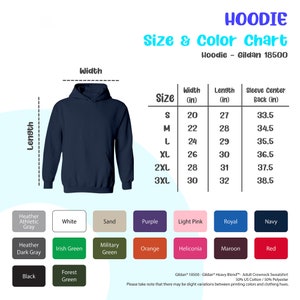 以下が含まれることがあります： サイズとカラーチャート付きのネイビーブルーのフーディー。チャートには、幅、長さ、袖の中心の背中のインチ単位の測定値とともに、サイズSから3XLがリストされています。カラーオプションには、白、黒、赤が含まれます。