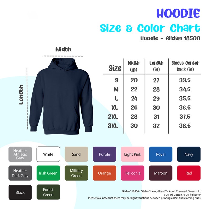 以下が含まれることがあります： サイズとカラーチャート付きのネイビーブルーのフーディー。チャートには、幅、長さ、袖の中心の背中のインチ単位の測定値とともに、サイズSから3XLがリストされています。カラーオプションには、白、黒、赤が含まれます。