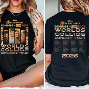 May include: Black t-shirt with gold and white text: "Descendants Zombies + Camp Rock Worlds Collide Concert Tour". The front has cast images, the back lists tour cities and the year 2026.