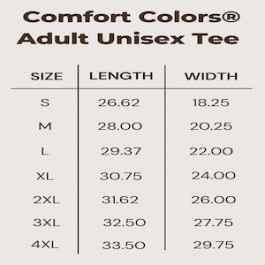 May include: Size chart for a unisex tee shirt showing the length and width in inches for sizes S through 4XL.