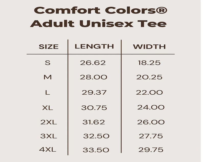 May include: Size chart for a unisex tee shirt showing the length and width in inches for sizes S through 4XL.