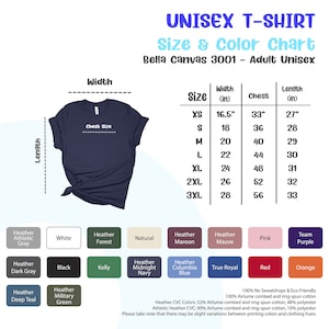 以下が含まれることがあります： ネイビーブルーのユニセックスTシャツ。サイズとカラーチャート付き。チャートにはXSから3XLまでのサイズが記載されており、幅、胸囲、長さのインチ単位の測定値が示されています。カラーオプションには、白、黒、さまざまなヘザーの色合いが含まれます。