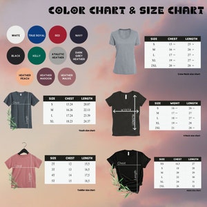 May include: Color chart and size chart for t-shirts. The chart includes a variety of colors, including white, true royal, red, navy, black, kelly, athletic heather, dark grey heather, heather peach, heather maroon, and heather mauve. The size chart includes measurements for chest and length in inches.