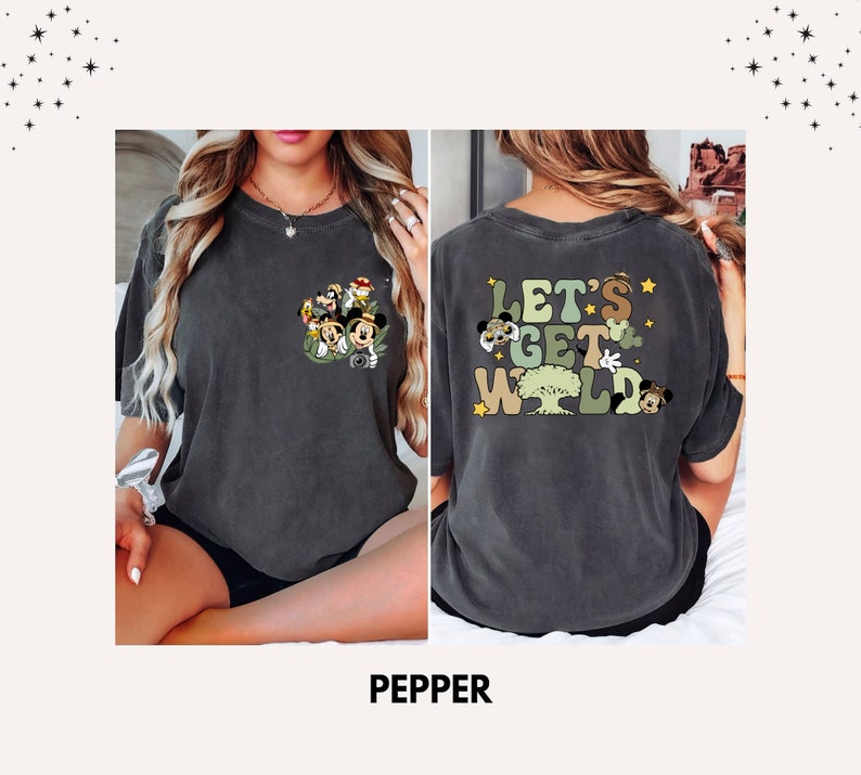 May include: A dark gray t-shirt with a graphic print of Mickey Mouse and friends on the front and the text "Let's Get Wild" on the back. The graphic features Mickey Mouse, Minnie Mouse, Donald Duck, Goofy, and Pluto.