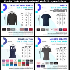 以下が含まれることがあります： 長袖、Vネック、レーサーバックタンクトップ、リラックス半袖Tシャツなど、さまざまなTシャツスタイルのサイズと色のオプションを表示するチャート。サイズはインチで、さまざまな色の見本が表示されています。テキストには「ご希望の色をお選びください」と書かれています。
