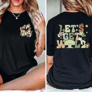 May include: Black t-shirt with a colorful graphic of Mickey Mouse and friends on the front and the text "Let's Get Wild" on the back.