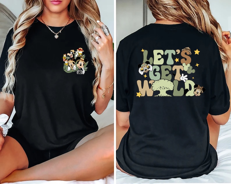 May include: Black t-shirt with a colorful graphic of Mickey Mouse and friends on the front and the text "Let's Get Wild" on the back.